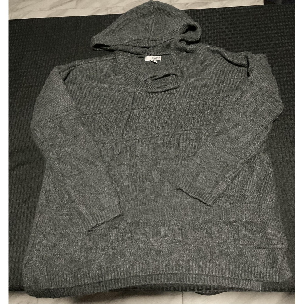 Sonoma Sweater Womens Medium Gray‎ Hooded Knit Tunic V Neck Geometric Pullover